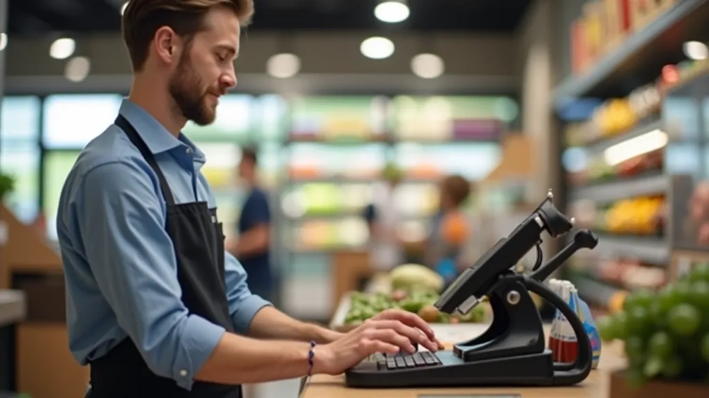Kasiere supermarketa kasē apkalpojot pircēju, maksājuma apstrāde un iepirkšanās
